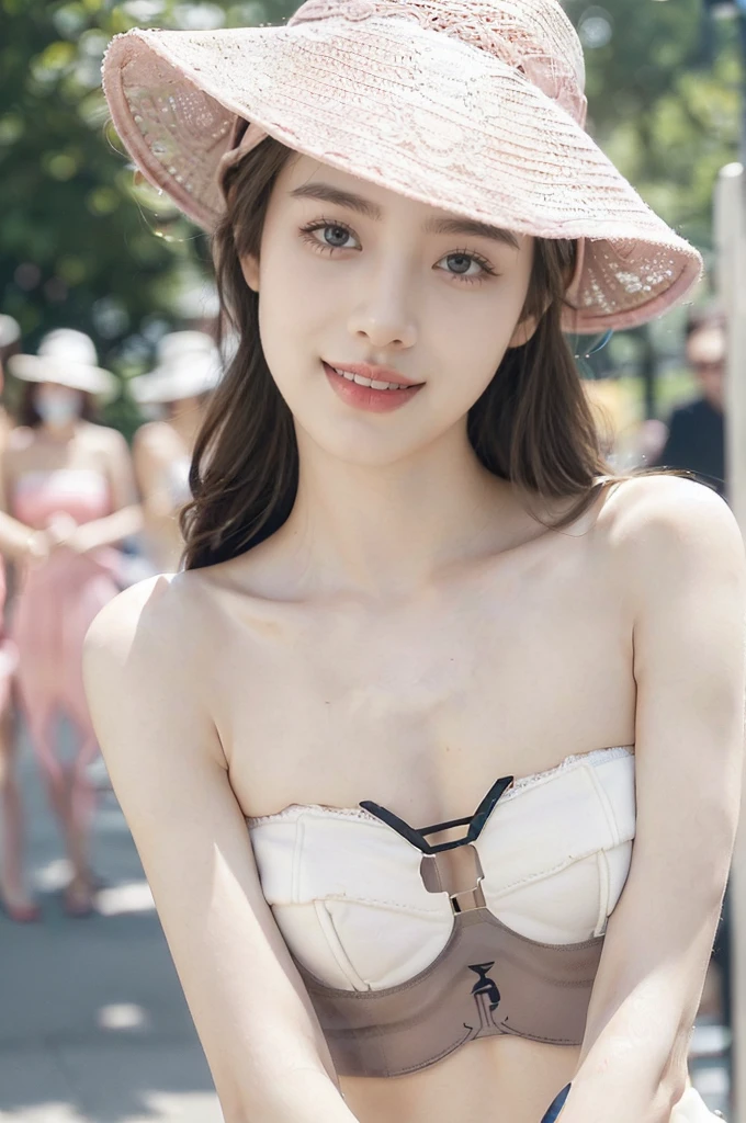 (Extremely meticulous CG),(((8k))),wallpaper,((Extremely refined and beautiful)),(((Masterpiece))),(((best qualtiy))),(((Ultra High Resolution))),realistic shaded,(Smooth and flawless fair skin:1.5),(Extremely exquisite facial details:1.2),(ultra-detailed:1.5),((a beautiful girl,solo)),(Pink Fisherman hat:1.5),(shoulder length straight hair:1.3),(small head:1.2),(slender face:1.2),(Exquisite makeup:1.3),(happy:1.2),(laughing:1.2),(perfect body:1.2),(strapless white bra:1.5),(small breasts:1.3),(flat chest:1.2),((slim,thin)),(from front:1.3),(at the schoolgate:1.5),(urban landscape:1.3),(outdoor:1.3),(summer:1.3),(day scene:1.3),(afternoon sunshine:1.3),(close-up of face:1.3),(surrounded by crowded crowds:1.5)
