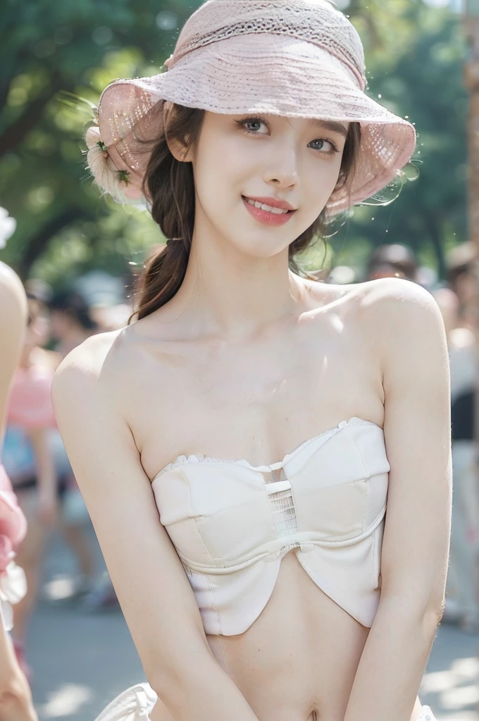 (Extremely meticulous CG),(((8k))),wallpaper,((Extremely refined and beautiful)),(((Masterpiece))),(((best qualtiy))),(((Ultra High Resolution))),realistic shaded,(Smooth and flawless fair skin:1.5),(Extremely exquisite facial details:1.2),(ultra-detailed:1.5),((a beautiful girl,solo)),(Pink Fisherman hat:1.5),(shoulder length straight hair:1.3),(small head:1.2),(slender face:1.2),(Exquisite makeup:1.3),(happy:1.2),(laughing:1.2),(perfect body:1.2),(strapless white bra:1.5),(small breasts:1.3),(flat chest:1.2),((slim,thin)),(from front:1.3),(at the schoolgate:1.5),(urban landscape:1.3),(outdoor:1.3),(summer:1.3),(day scene:1.3),(afternoon sunshine:1.3),(close-up of face:1.3),(surrounded by crowded crowds:1.5)