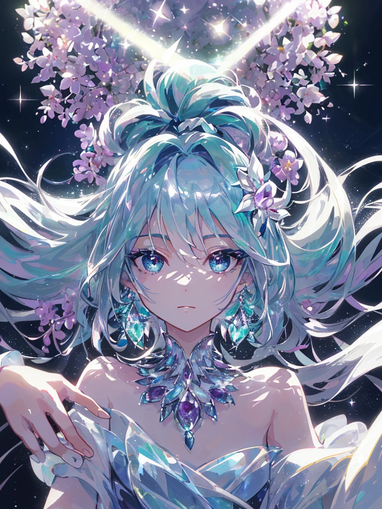 masterpiece, highest quality, figure, alexandrite eyes and hair, platinum earrings, Platinum Necklace, white dress, The Little Mermaid, cute, (dynamic lighting:1.2), cinematic lighting, delicate features, fine eyes, sharp pupils, realistic student, Depth of bounds written, Bokeh, sharp focus, (very detailed, bloom, shine:1.4), Many Small Gems, hatsune miku