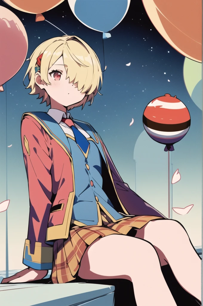 ([balloon:small planets:0.5]:1.4), (small_planets inside of balloon:1.4), (A lot of colorful small_planets:1.35)
(colorful planets, Earth, Floating Petals, big balloon:1.22),
1 Girl, Cute face,
whole body, Sitting, Beautiful eyes in every detail, barefoot, Outfit combinations, goddess, Perfect body, [Browsing Caution:0.88]
(Sitting on ice_planet:1.22)
(A lot of [Floating blue butterfly:floating ice:0.4]:1.22)
(Detailed light), (Very delicate and beautiful), Volumetric Light, Best Shadow,Cinema Lighting, Depth of written boundary, Dynamic Angle, Oily skin,(Barrette)、(((Hair on one eye)))、(((Blonde short hair))),(Red eyes)、Blue blazer、White shirt、Red tie、Brown plaid skirt、