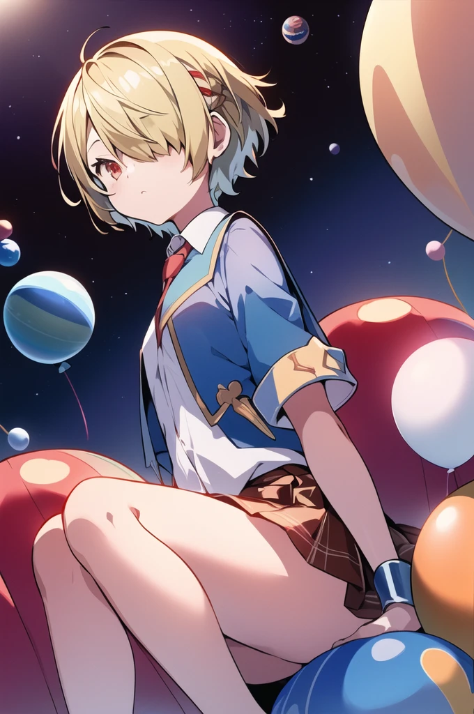 ([balloon:small planets:0.5]:1.4), (small_planets inside of balloon:1.4), (A lot of colorful small_planets:1.35)
(colorful planets, Earth, Floating Petals, big balloon:1.22),
1 Girl, Cute face,
whole body, Sitting, Beautiful eyes in every detail, barefoot, Outfit combinations, goddess, Perfect body, [Browsing Caution:0.88]
(Sitting on ice_planet:1.22)
(A lot of [Floating blue butterfly:floating ice:0.4]:1.22)
(Detailed light), (Very delicate and beautiful), Volumetric Light, Best Shadow,Cinema Lighting, Depth of written boundary, Dynamic Angle, Oily skin,(Barrette)、(((Hair on one eye)))、(((Blonde short hair))),(Red eyes)、Blue blazer、White shirt、Red tie、Brown plaid skirt、