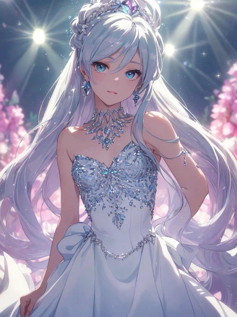 masterpiece, highest quality, figure, alexandrite eyes and hair, platinum earrings, Platinum Necklace, white dress, The Little Mermaid, cute, (dynamic lighting:1.2), cinematic lighting, delicate features, fine eyes, sharp pupils, realistic student, Depth of bounds written, Bokeh, sharp focus, (very detailed, bloom, shine:1.4), Many Small Gems, hatsune miku
