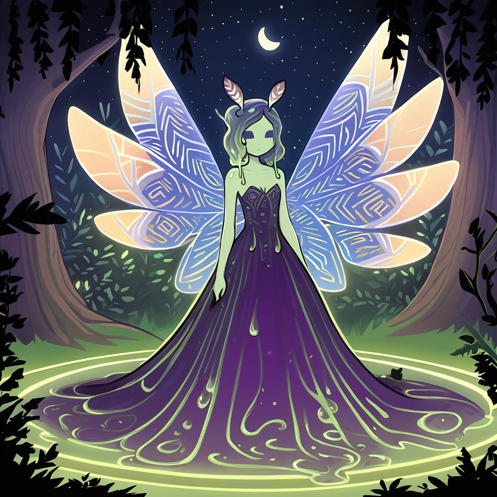 Slime Girl dripping with slime with a abaciscus pattern upon her and dressed in a dress with moth wings covered in more abaciscus patterns forest at night in rp fantasy game art style