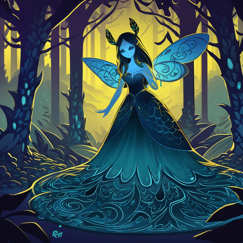 Slime Girl dripping with slime with a abaciscus pattern upon her and dressed in a dress with moth wings covered in more abaciscus patterns forest at night in rp fantasy game art style