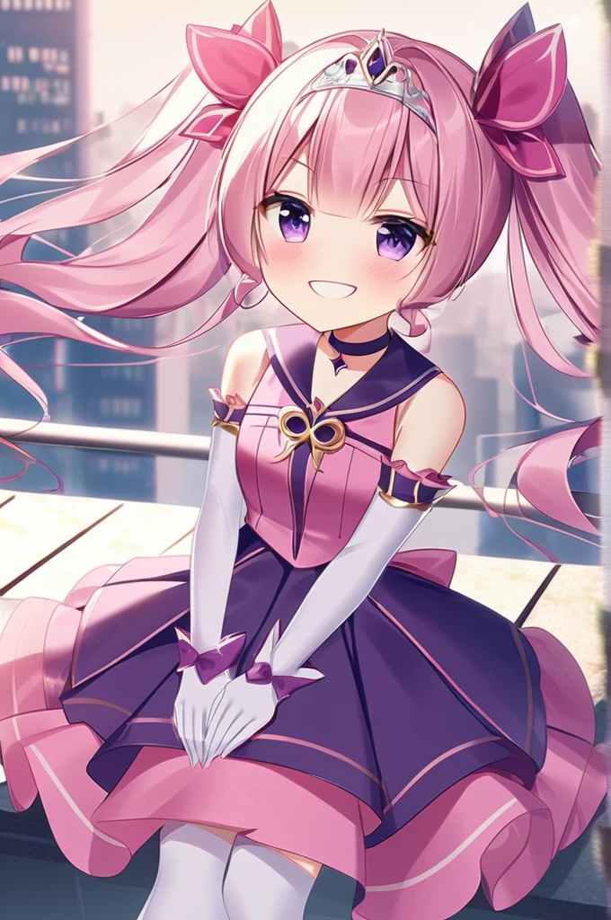 ((Лучшее качество)), ((шедевр)), (подробный), score_9, score_8_up, score_7_up, score_6_up, source_anime, 1girl, solo, sglux, pink hair, purple eyes, twintails, hair ornament, tiara, choker, magical girl, sailor collar, pink tunic, bow, purple miniskirt, white thighhighs, white gloves, elbow gloves, grin, arms on hips, rooftop, cityscape, standing