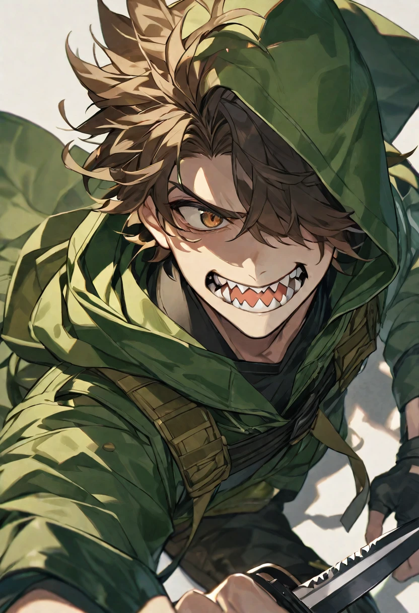 Handsome, solo, 1 male, messy brown hair, green hood, brown eyes, shadow over his eyes, black shirt, sharp teeth, green jacket, black fingerless gloves, combat knife
