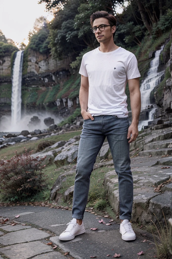 a handsome man, wearing glasses, in a black and white t-shirt, jeans, white shoes. standing on the grass, with a waterfall flowing from the hill, pink leaves scattered around, with a beautiful sunset. It looks so real, with the shadow of that picture. full body pose.