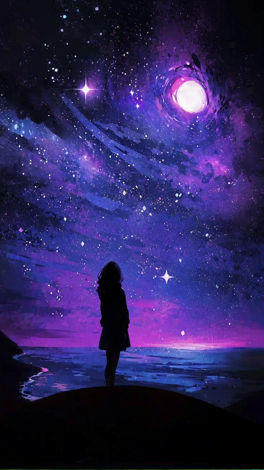 A painting of a fairy standing on the beach gazing at the stars, Gazing into space, Lost in the vast universe, Space Purple Space!, purplish space in background, Star-filled sky, On a galaxy-like background, The girl stares into space, " Woman on the Galaxy Coast, ☁🌪🌙👩🏾