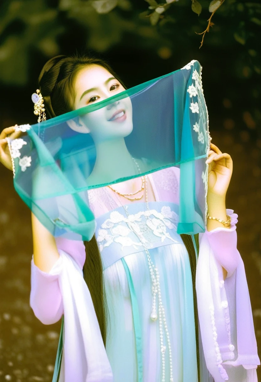 photography,Inspired by Song Huizong,4K
polaroid,high details,full_shot,a 17 yo girl,photo by Ren hang,solo,looking at viewer,smiling,hanfu,lace,multi -layer transparent and embroidered silk fabric,elegant,rich colors,expressive eyes,jade accessories,soft lighting,silk texture,pearl jewelry,rose petals,long_hair,hime cut,wavy hair, dynamic perspective