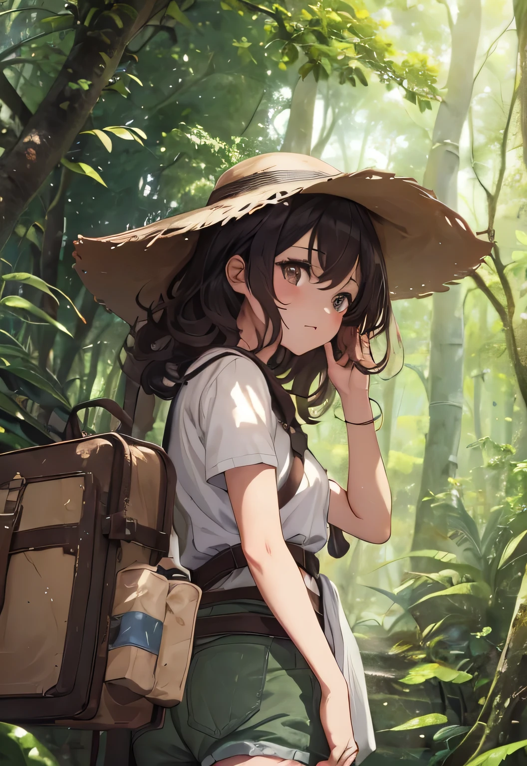 Woman in her 20s、Dressed like an explorer、Explorer-like hat、Brown Hair、Her hair is medium length and curly、In the jungle、The sunlight is shining through the treeystical images、8K、The woman is looking up at an angle、An image of heading towards the forest、From the back、cute、The woman is a little far away、Woman looking from the side、The sunlight filtering through the trees is dazzling、Watching a woman from afar、Shorts、Looking up at the sky、Alone in the distance、Quite far、Landscape painting,Straight Eyes