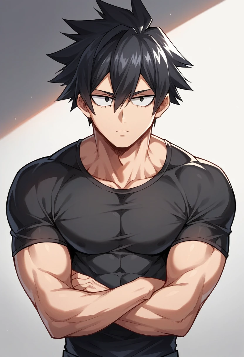 A highschool boy, handsome, perfect body, black hair, long straight hair, slipback, black eyes, expressionless, black shirt, anime, first-person view, My Hero Academia art style, masterpiece, anatomically correct, high details, highres, best quality, super detail, 1080P