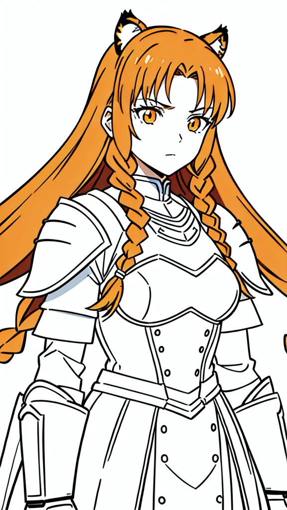 (1girl,20 years old,mature female,solo),tiger ears,long hair,(twin braids),orange hair,white knight armor,(white background,line drawing),upper body,serious,upper body,put your hands in front
