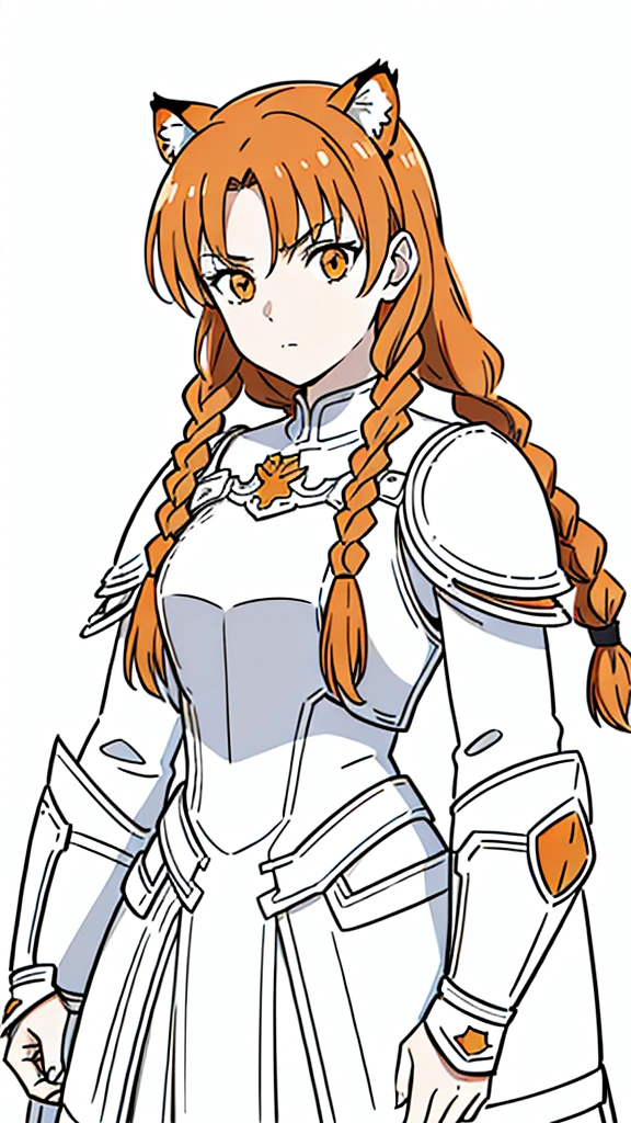 (1girl,20 years old,mature female,solo),tiger ears,long hair,(twin braids),orange hair,white knight armor,(white background,line drawing),upper body,serious,upper body,put your hands in front