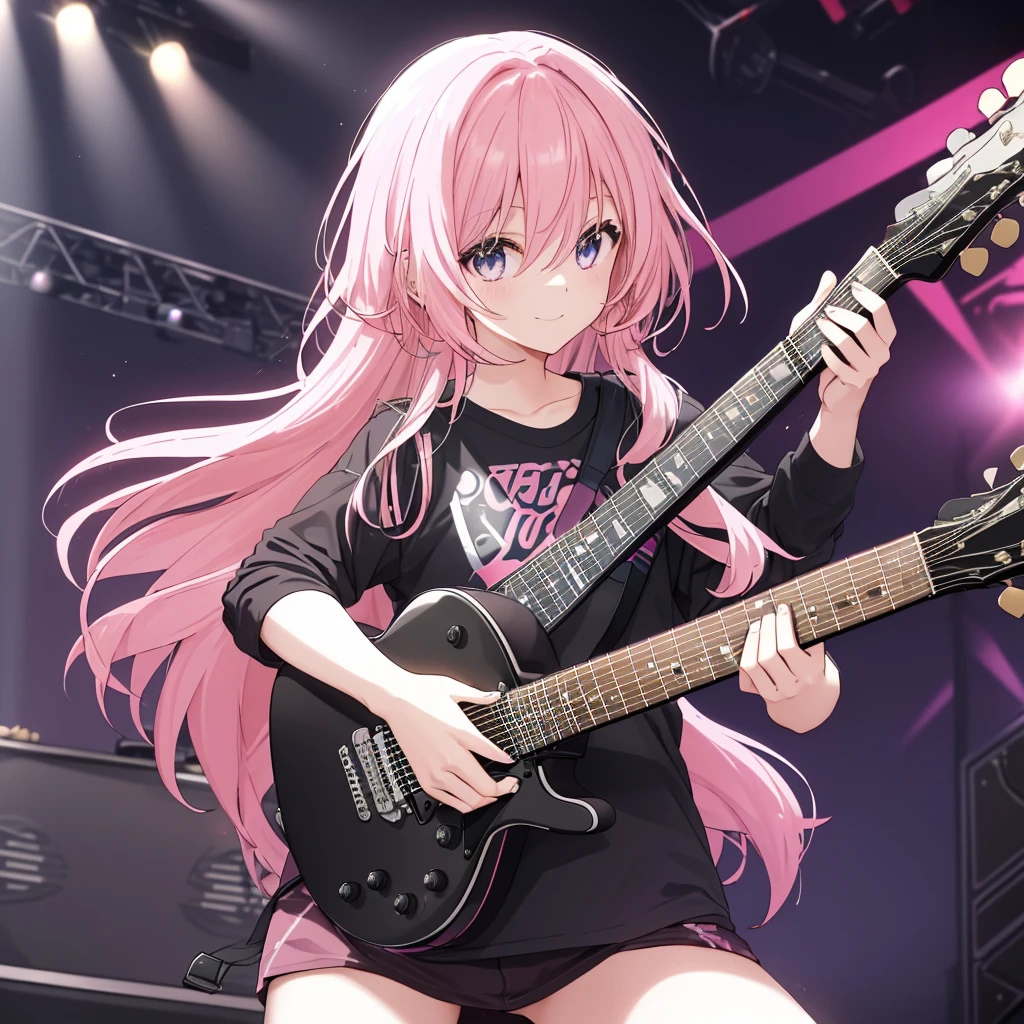 (((Holding a guitar　Pink Hair　Black Shirt)))　((Pink Hair　Rainbow Eyes　Long Hair　Receiving the light　smile　On stage))　(Shining Edge　Pillar of Light)