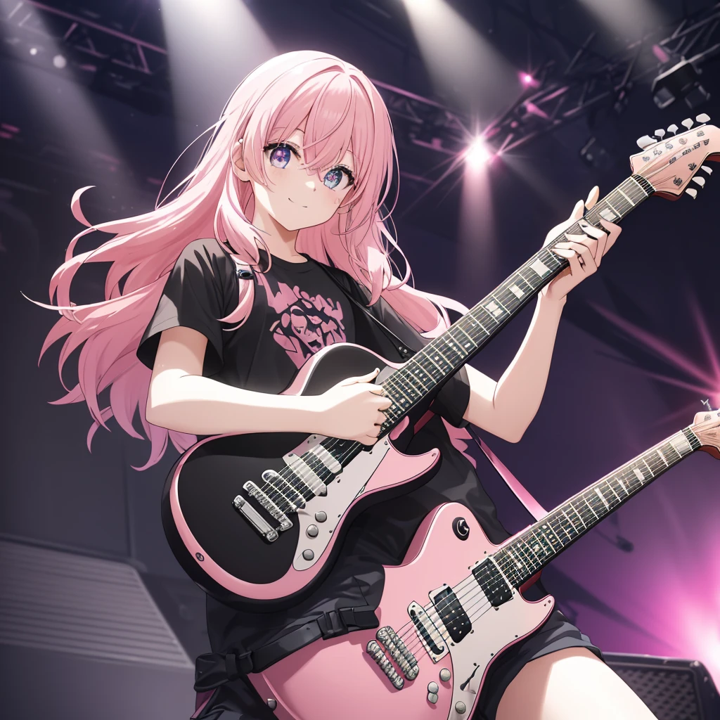 (((Holding a guitar Pink Hair Black Shirt))) ((Pink Hair Rainbow Eyes Long Hair Receiving the light smile On stage)) (Shining Edge Pillar of Light)