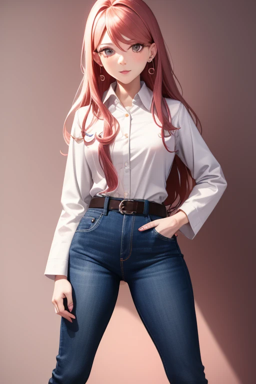 bonibel Handsome 40 year old woman with long wavy red hair with pink highlights, pierced ears, honey brown eyes, open white doctor's coat, blue denim jeans, white shirt with candy print, black belt, looking directly at viewer. a white background.