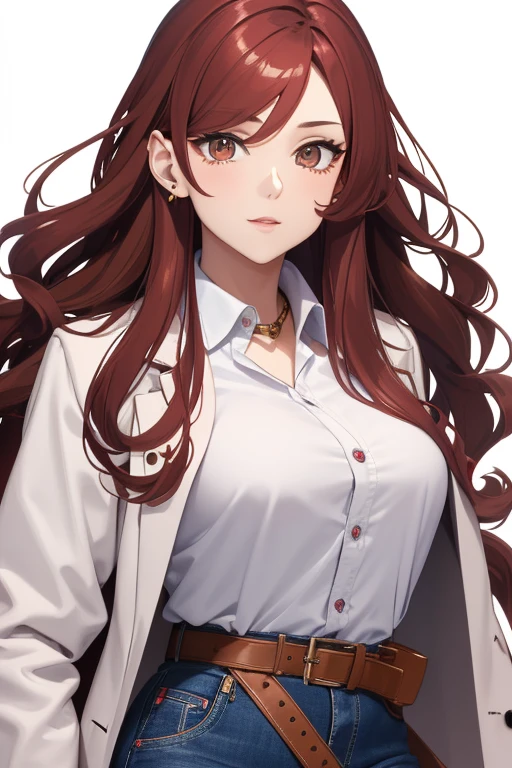 bonibel Handsome 40 year old woman with long wavy red hair with pink highlights, pierced ears, honey brown eyes, open white doctor's coat, blue denim jeans, white shirt with candy print, black belt, looking directly at viewer. a white background.