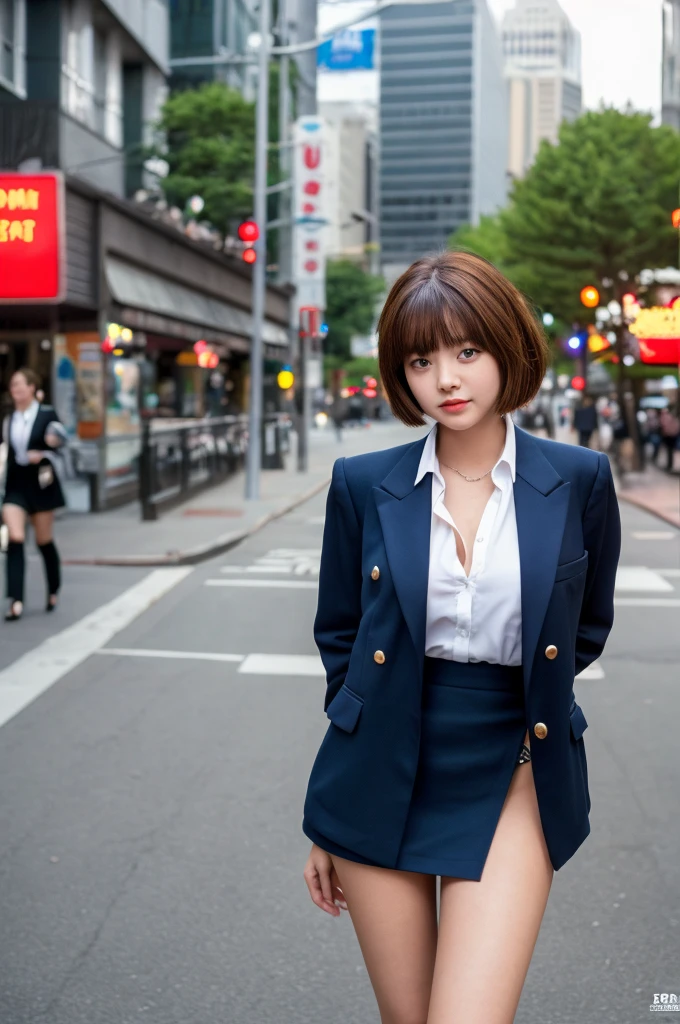 a 19 year old face of the most beautiful actress in the world, the perfect body proportions of a female, blazer is worn on formal shirt, exposed vagina between opened legs under short skirt, female genitalia of lower body is seen through panties, short hair cut above the ears, sitting on a chair of the city street, nsfw, best quality, highly detailed, masterpiece, ultra high res, photo realistic, 8k