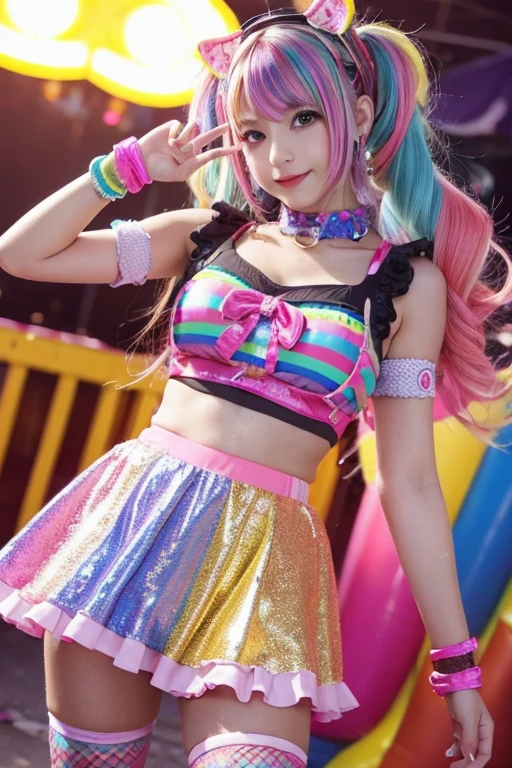 (upskirt :1.3),Arafe girl taking a photo in a colorful costume, y 2 k cutecore crowncore, Cute Decora Rainbow Core, Cute high quality rendering, Candy Girl, Decora style, Unreal Engine : : Rave Makeup, Labor Girl, Rave Girl, Rave Costumes, Glitch Punk Girl, Soda themed girl, Playful and cheerful, 80s pin-up style