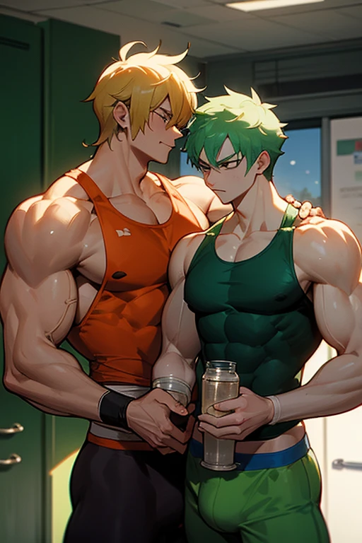 Sanji and Roronoa Zoro from One Piece in a kitchen. Making protein shakes. Both have trained themselves to look and act like big dumb bodybuilder jocks. Blending in with the other bodybuilder jocks. Assimilation. Dumb jock bros. Blank stares. Hyper crotch bulges. Dumber and dumber. IQ drain. Both equally muscular. "Bro, I feel ... kinda ... uhhh ... stupid...? Like my head gets ... dumber, and ... dumber, and ... dumber..... I'll ... be dumb ... for Coach.... Bigger and bigger ... dumber and dumber.... Huhuhuh.... Yes, Coach. A good dumb jock is big and dumb. A good dumb jock's what I'll become...." Chuckling vapidly. Hyper biceps. Hyper triceps. Broad shoulders. Thick, meaty hyper pecs. Hyper traps. Tank tops. Blank stare. Open mouths. Vapid. bro. bodybuilder. IQ drain. Jock. hypnosis. dumber. Big crotch bulges. Dumbing down. Brainwashing. Giant muscles. Hyper muscles.  Dumber and dumber. Bigger and bigger. Muscleheads. Meatheads. Jocks. Hypnotized. Hypnosis. Brainwashed. Brainwashing. Subliminal hypnosis.  Flexing. Tall and muscular.