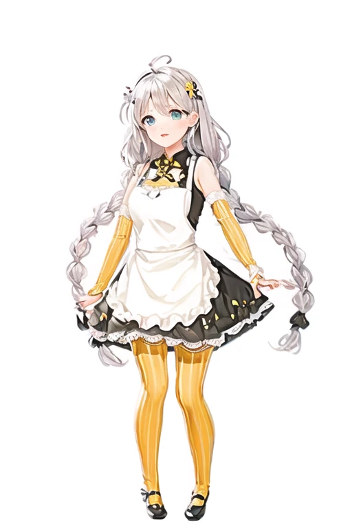 Anime girl in a white dress and yellow tights with a black cat, change in dress, , Anime girl in maid outfit, Cute anime waifu in a nice dress, Anime cat girl in maid clothes, change, Anime Moe Art Style, Anime Barbie in White Stockings, small change girl, changesh