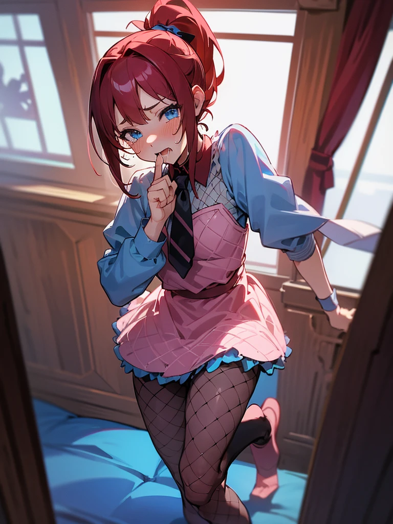 Highest quality,High resolution,1People Girl,whole body,looking at the camera,ponytail,Crimson hair,Blue eyes,indoor,Bedroom,Bunny girl,Fishnet tights,Dim lighting,Dripping a lot of saliva,Drooling,Stringy saliva,Open your mouth,Sticking out tongue,Saliva,Tears,cry,