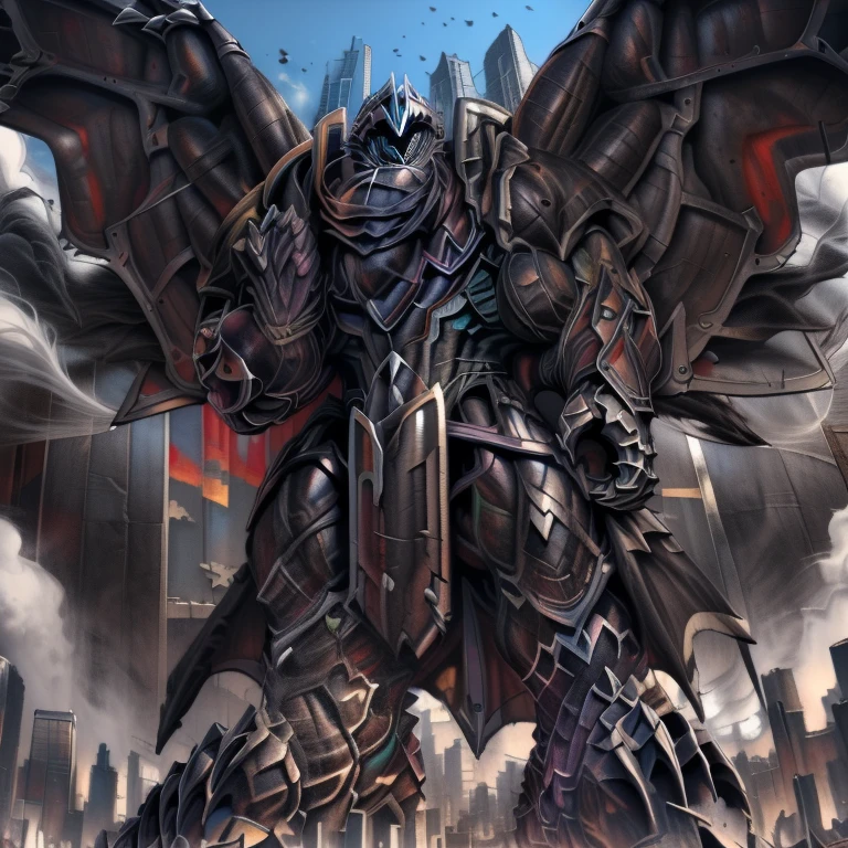 (masterpiece. official art. 8k. best quality. detailed full body. full body.)
(situation 1 : dominating demon lord dragon batzz. focus Colossus mechanical Muscular demon lord dragon batzz is trampling the CITY. macro. stomp. Low-angle perspective. emphasizing the immense size. The perspective is from below, emphasizing the sheer majesty and power of the Colossus. Colossus art. He is much bigger than a skyscraper. Giga Colossuss. micro soccer field. looking down.)

(situation 2 :smoke and flames rising from the destruction in the city. macro. stomp. Low-angle perspective. emphasizing the immense size. The perspective is from below, emphasizing the sheer majesty and power of the Colossus. Colossus art. He is much bigger than a skyscraper. Giga Colossuss. looking down.)

(Additional details 1: wearing a full-face helmet. helmet is jet black. The color of NANOSUIT is jet black. high-tech bio-mecha armor. real texture material. whole body shines like metal. Wearing cyberpunk mecha. emphasizes the muscles. suit fully made of metal. intricate armor. Robotic suit. suit fully made of metal. NANOSUIT with the same design as demon lord dragon batzz.). (demon lord dragon batzz has 5 toes.)

(Additional details 2: (Detailed head. Detailed Body. Detailed abs. gigantic muscles. HYPER MUSCLES. Gigachad Muscular. big muscle. pecs. triceps. traps. unusually developed muscular body. body full of huge muscles. showing off muscles. pectorales enormes. Exaggeratedly huge muscles. huge muscles. long legs.).

(Additional details 3: nj5furry, Spread wings. It has wings. black have big wings. The claws are sharp. Sharp teeth.5 toes.). 