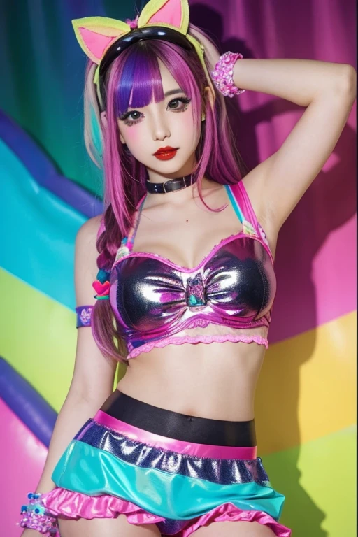 (panty shot :1.3),Arafe girl taking a photo in a colorful costume, y 2 k cutecore crowncore, Cute Decora Rainbow Core, Cute high quality rendering, Candy Girl, Decora style, Unreal Engine : : Rave Makeup, Labor Girl, Rave Girl, Rave Costumes, Glitch Punk Girl, Soda themed girl, Playful and cheerful, 80s pin-up style