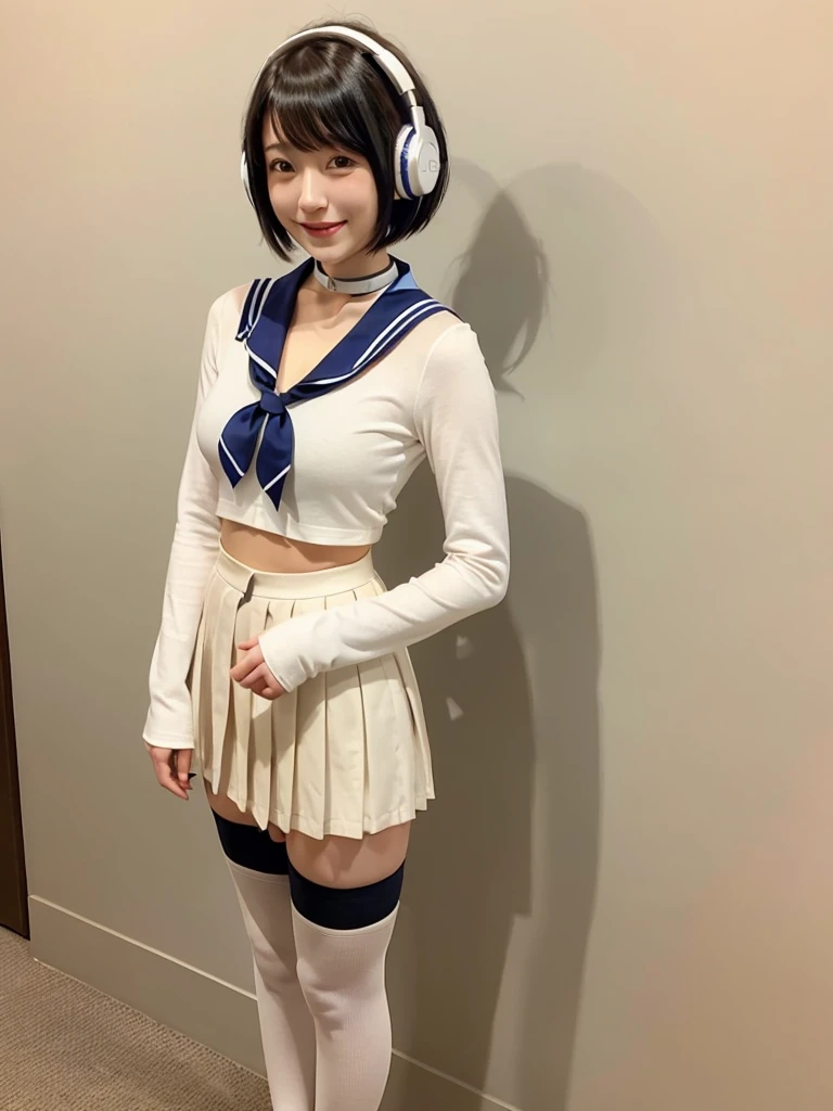 best quality, masterpiece, realistic, photorealistic, 1girl, solo, looking at viewer, smile, standing, full body, arms at side, cosplay, BLACK hair, very short hair, headphones, alternate costume, , sailor collar, shirt, long sleeves, necktie, skirt, pleated skirt, white thighhighs, loafers, simple background, Japanese women、24-years-old、The background is a pure white room、Singing on a microphone、The chest is very small、very Short hair、Part your bangs and sweep them to the side、flat chest