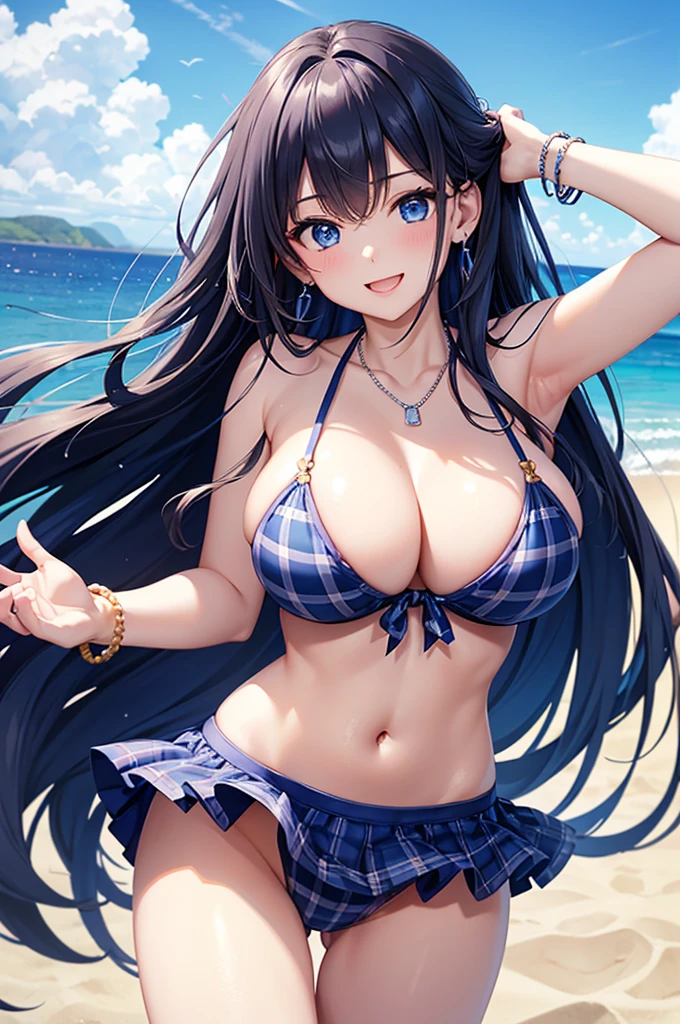 Highest quality、Highest quality、masterpiece、(8K),Beauty(Age 25)、Navy blue long hair、blue eyes、Sexy Bikini(Plaid)、Big cleavage、(Big Breasts)、smile、blue necklace、Blue Earrings、background(Beach)、Please open your mouth wide、White ribbon、bracelet、Dynamic pose