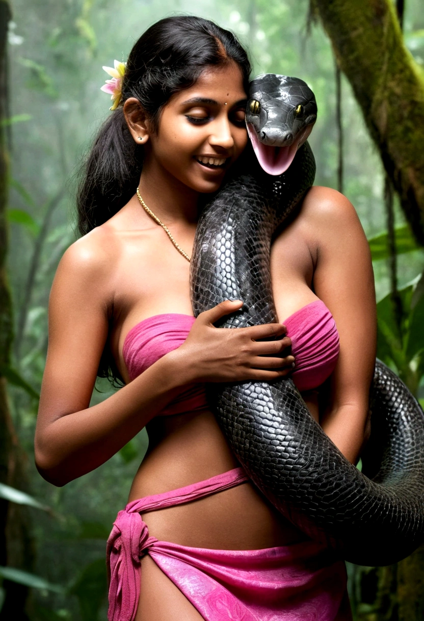 Topless pink thong wearing aroused horny beautiful happy young Indian girl vs Giant colossal black anaconda monster wrapped around her body squeezing her in coiled embrace cuddling and kissing sexual erotic bestiality sex realistic in the rainforest full body, best quality wet