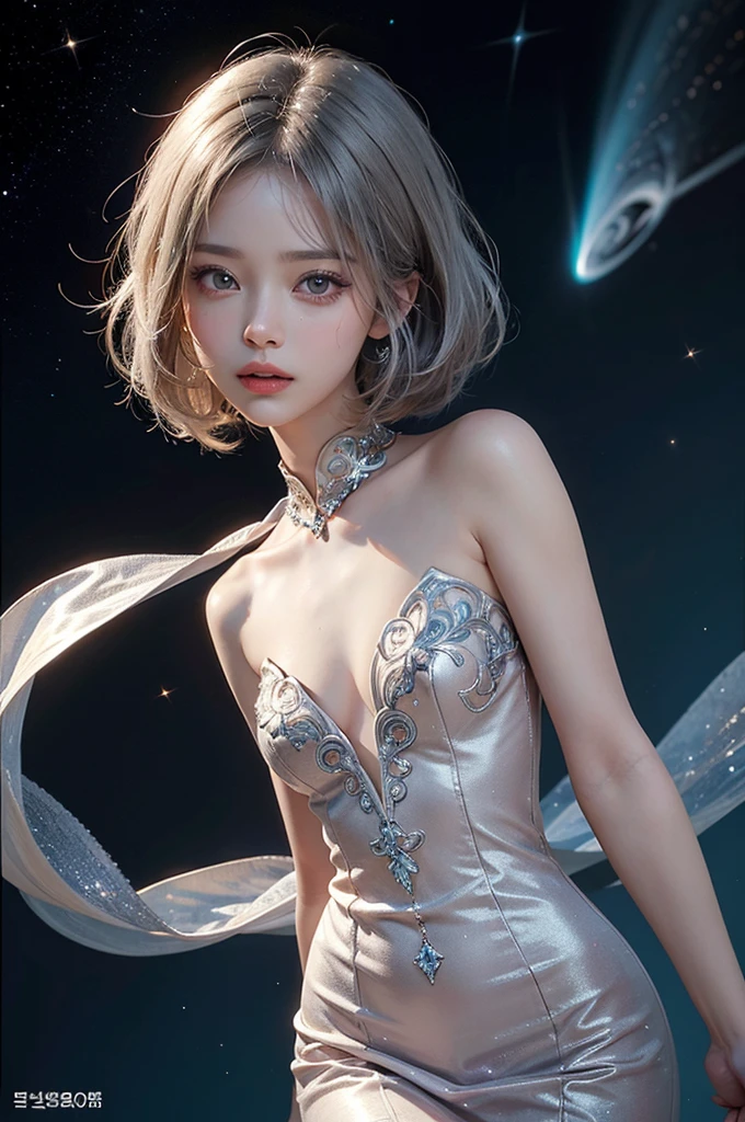 masterpiece, 1 beautiful girl, Finely tuned,Highest quality, 超High resolution, (reality: 1. 4), Cinema Lighting, Korean, Korean super beautiful girl,Knowing women,really beautiful, Beautiful Skin, thin, Body facing forward, (reality photo), (High resolution), (32k), (Very detailed), ( Best illustrations), (Beautiful attention to detail), (Very detailedな), (wallpaper), Detailed face, Bright lighting, Professional Lighting、 Behold、Look straight ahead、Dress neatly、short hair,Pure erotic face ace_v1、46 point diagonal bangs、Bright galaxies、Chiaroscuro Nebula、ruined galactic war、Star systems to be swallowed、Texture confusion、Cosmic chaos、Bending the fabric of the nebula itself、Dangerous terrain、technology and magic、 bright stardust vine、dark swirling nebula、Cosmic Energy、爆発するShine星雲、A dazzling burst of light、Illuminated Nebula、Mature Woman、Heavenly Beauty、Elegant and detailed silver hair、Exquisitely drawn, dreamy silver eyes、Exhausted look,Sweaty face,(Beautiful symmetrical eyes), (Beautiful eyes drawn in detail), (Beautiful, vibrant eyes with large highlights), (Bright Eyes), (Intricately drawn facial features), (intricately drawn facial expressions), (Heavenly Beauty), (シミのないShine肌), (Exquisitely embroidered costumes), (Perfect hands), (Correct Anatomy),Small breasts,Flat Bust,Small hips,thinウエスト,Starry sky nebula colorful,Shine(Glow Phi),