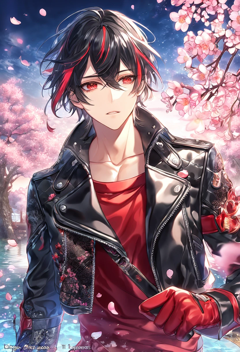 absurdres, highres, ultra detailed, HDR, master piece, Shin, messy black hair, red streaks, expressive red eyes, cropped black leather jacket, Amnesia Memories, sexy man, handsome, best quality, blossoms, pink petals, pink flowers, fantasy, magical, blue shining fireflies, solo, water, red shirt with black patterns, red gloves, red collar,