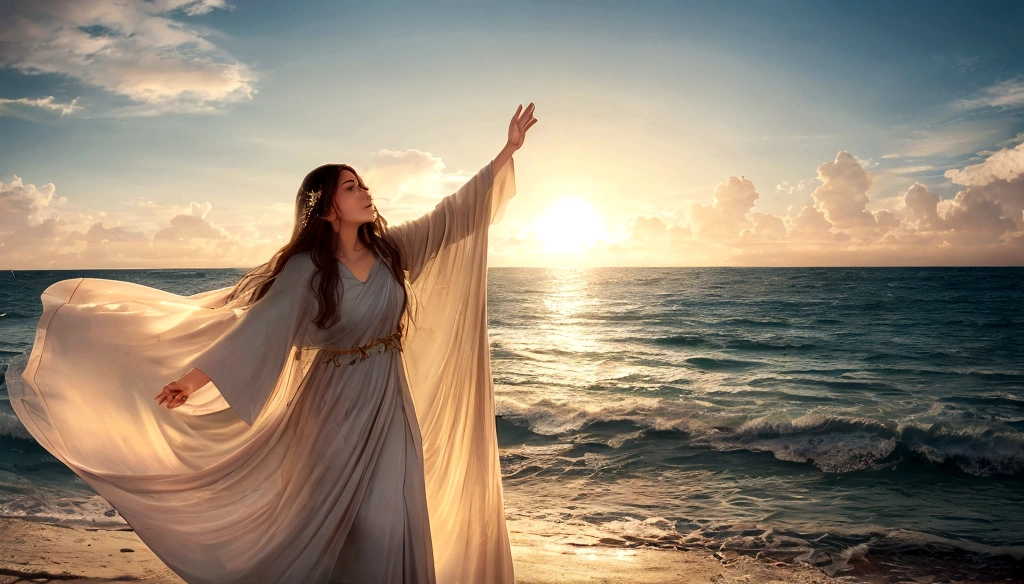 detailed portrait of Jesus Christ descending from the heavens with open arms amidst the clouds among angels playing harps on the beach,portraits,realisitic,soft golden lighting,warm color tones,sparkling waves,heavenly atmosphere,detailed facial features, holy aura, serene expression, sacred garments, arms outstretched, areola,angelic wings,harmonious composition,Peaceful and Divine Setting, lush green palm trees, sandy shore,ethereal glow, sun rays breaking through clouds, 16K, clear, distortion-free image