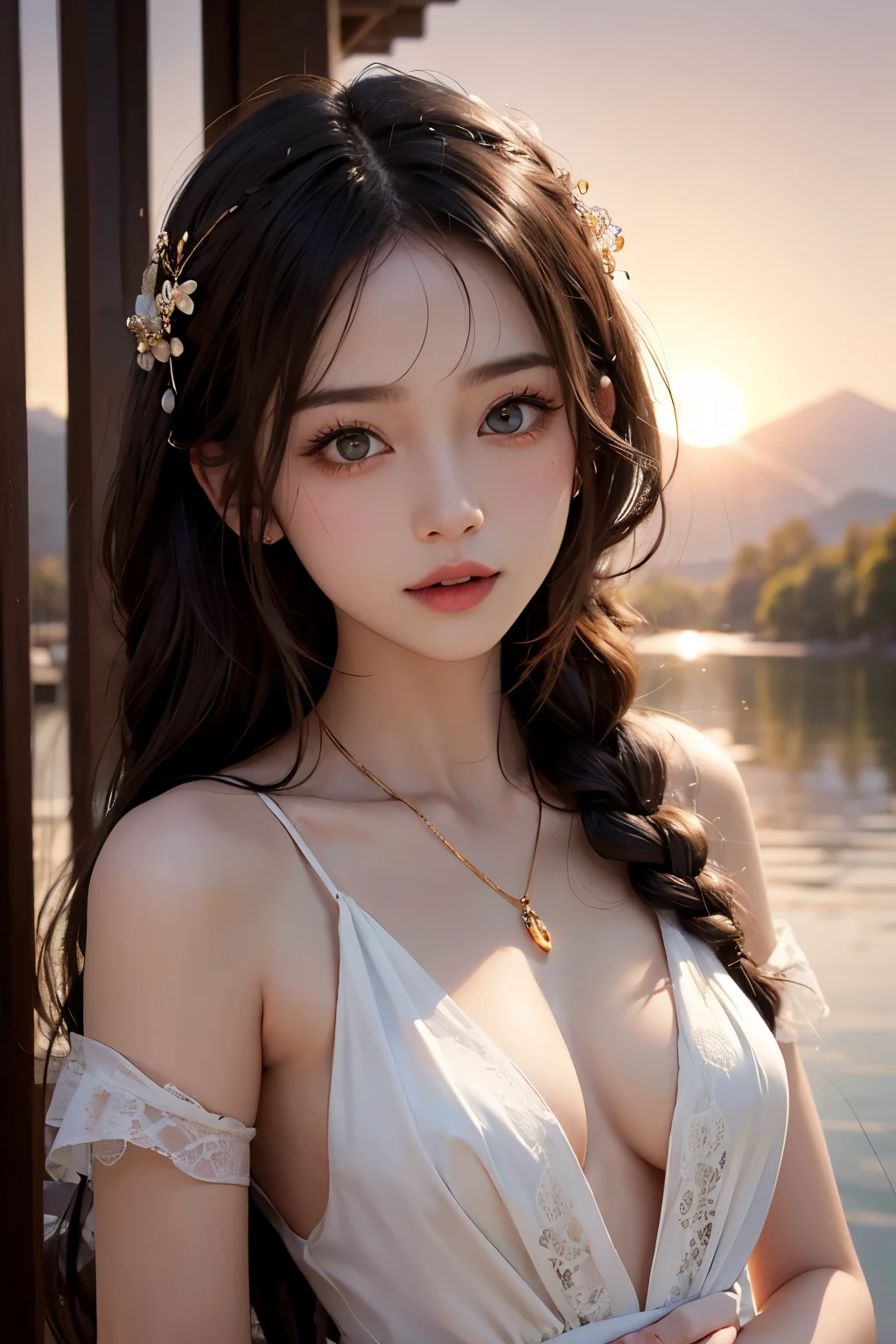 Masterpiece, best quality, silky smooth skin, depth of field, close to the face, detailed eyes and face, 1 girl, big adorable eyes, serene expression, mesmerizing eyes, long straight hair, flowing dress, poised posture, porcelain skin, subtle blush, BREAK golden hour crystal pendant, (rim lighting): 1.2, warm tones, sun flare, shadows soft, vibrant colors, pictorial effect, dreamy atmosphere BREAK scenic lake, distant mountains, willow tree, calm water, reflection, sunlit clouds, tranquil ambience, idyllic sunset, ultra detailed, official art, unity 32k wallpaper, zen tangle, mandala, braid,Delicate beauty face,High quality photo quality images,Small breasts,Flat Bust,Thin cotton clothing through which the nipples of the breasts are visible,A beautiful woman,Unparalleled beauty and innocence,