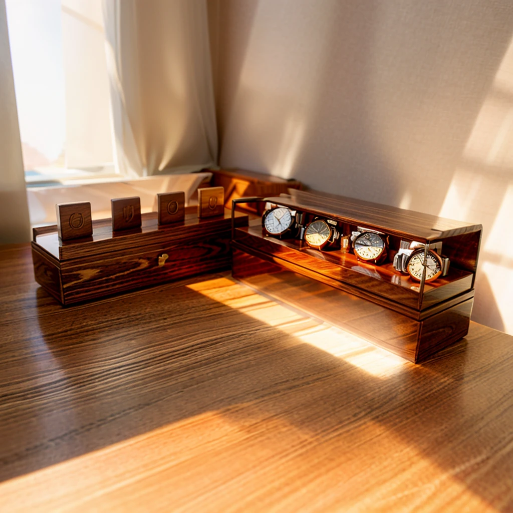 In this cozy room,A ray of sunlight shone through the half-drawn curtains on the table,Let the wood grain on the watch storage box shine with a faint luster。There was a calm and peaceful atmosphere in the air around them。There are several still lifes hanging on the walls of the room,It adds a touch of elegance to the space。And on the other side of the room,The half-open window lets in the breeze,The pages on the small desk by the window turned in the wind,This quiet scene gives a sense of tranquility and comfort。Soft sunlight falls on the box,Make its surface appear faintly shadowed。These shades make the texture of the box richer,More three-dimensional。The shadow of the box contrasts sharply with its surroundings,It also shows the delicacy and texture of the watch storage box。