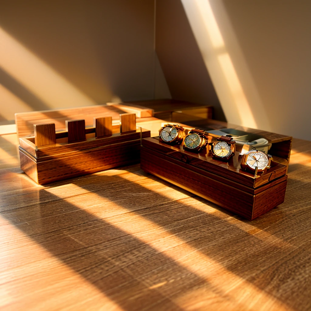 In this cozy room，A ray of sunlight shone through the half-drawn curtains on the table，Let the wood grain on the watch storage box shine with a faint luster。There was a calm and peaceful atmosphere in the air around them。There are several still lifes hanging on the walls of the room，It adds a touch of elegance to the space。And on the other side of the room，The half-open window lets in the breeze，The pages on the small desk by the window turned in the wind，This quiet scene gives a sense of tranquility and comfort。Soft sunlight falls on the box，Make its surface appear faintly shadowed。These shades make the texture of the box richer，More three-dimensional。The shadow of the box contrasts sharply with its surroundings，It also shows the delicacy and texture of the watch storage box。