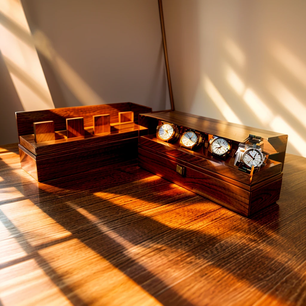 In this cozy room,A ray of sunlight shone through the half-drawn curtains on the table,Let the wood grain on the watch storage box shine with a faint luster。There was a calm and peaceful atmosphere in the air around them。There are several still lifes hanging on the walls of the room,It adds a touch of elegance to the space。And on the other side of the room,The half-open window lets in the breeze,The pages on the small desk by the window turned in the wind,This quiet scene gives a sense of tranquility and comfort。Soft sunlight falls on the box,Make its surface appear faintly shadowed。These shades make the texture of the box richer,More three-dimensional。The shadow of the box contrasts sharply with its surroundings,It also shows the delicacy and texture of the watch storage box。