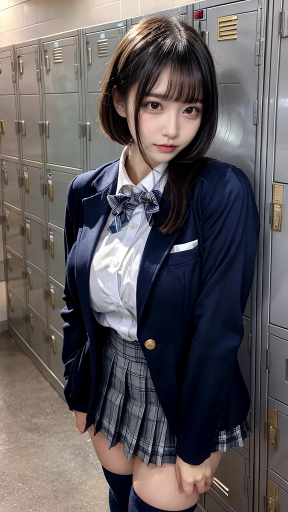 masterpiece, best quality, illustration, Super detailed, fine details, High resolution, 8K,wall paper, perfect dynamic composition,(Details High quality, realistic depiction of eyes:1.3),locker room、High school girl uniform、blazer 、Super Short Check Uniform Skirt、Navy blue high socks、garterbelts、Colossal tits、Disturbed uniform, short bob hair, black hair color, huge breasts, Big Natural Color Lip, bold sexy pose, (perfect body shape), crying a little、Harajuku style、20 year old girl、 beautiful legs, hposing Gravure Idol, Voluptuous thighs