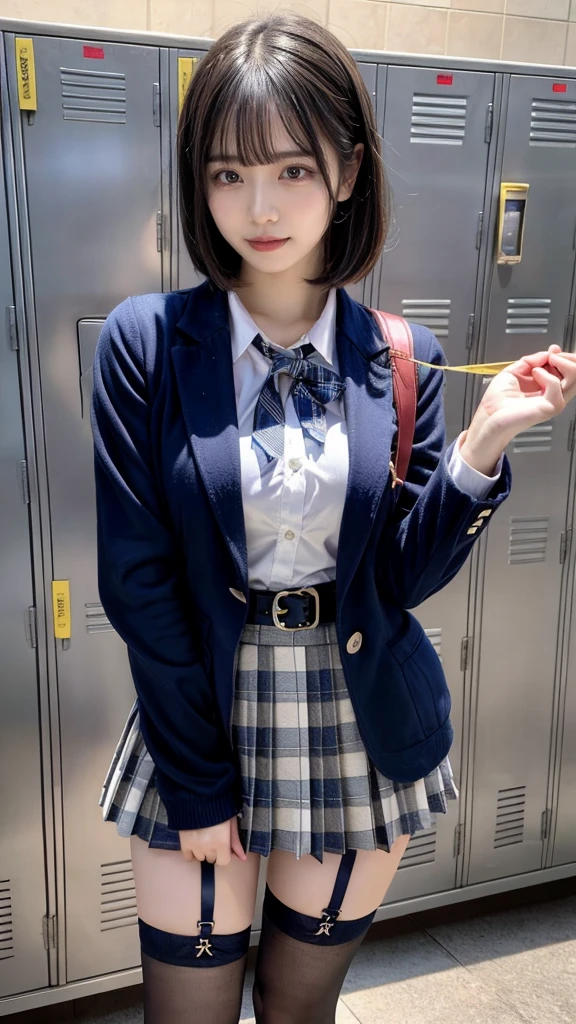 masterpiece, best quality, illustration, Super detailed, fine details, High resolution, 8K,wall paper, perfect dynamic composition,(Details High quality, realistic depiction of eyes:1.3),locker room、High school girl uniform、blazer 、Super Short Check Uniform Skirt、Navy blue high socks、garterbelts、Colossal tits、Disturbed uniform, short bob hair, black hair color, huge breasts, Big Natural Color Lip, bold sexy pose, (perfect body shape), crying a little、Harajuku style、20 year old girl、 beautiful legs, hposing Gravure Idol, Voluptuous thighs