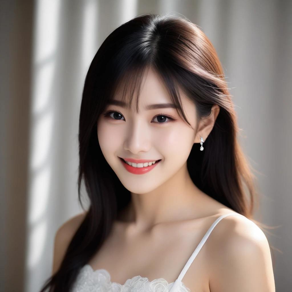 8K, Ultra-high resolution, Highest quality, masterpiece, 三分割法によるphotograph,Surreal, photograph, 1 girl, (16 years old:1.3), pretty girl, Cute face, Beautiful eyes in every detail, 細かくdetailedに,masterpiece,, One Girl:1.2, Japan Female Announcer,whole body、Black Hair、well-groomed eyebrows、Cute Lip Makeup,(masterpiece, Highest quality, Highest quality, Official Art, beautifully、aesthetic:1.2), (One girl), 非常にdetailedな,(Fractal Art:1.3),colorful,最もdetailedな,Cute gestures、so beautiful,A carefree smile,Healing the heart,Long Straight Hair,Looking at the audience、beauty,Long neck、Laugh a little、Please close your mouth and laugh、(((Ideal body type))),A-cup small breasts :2,、Portraiture:2、Perfect Anatomy、鮮明なdetailed、detailed、Surreal、Light and shadow,Strong light