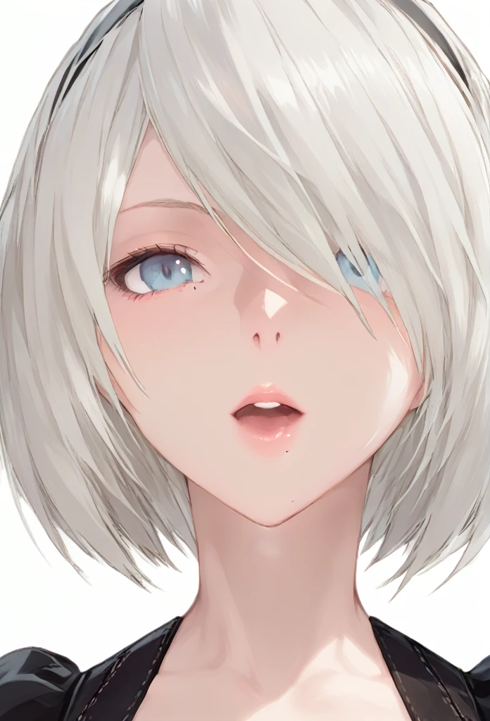 yorha 2B, Nier automata, (black visor, yorha visor), mature woman, white hair, mature body, looking up at viewer, front view, close view