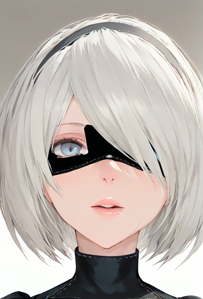 score_9, score_8_up, score_7_up, source_anime,
2b,
2b, yorha no. 2 type b, short hair, white hair, hairband, mole, black hairband, mole under mouth, blindfold, covered eyes, black blindfold, lips,
gloves, long sleeves, dress, puffy sleeves, black dress, clothing cutout, cleavage cutout, juliet sleeves, feather-trimmed sleeves, looking at viewer,
