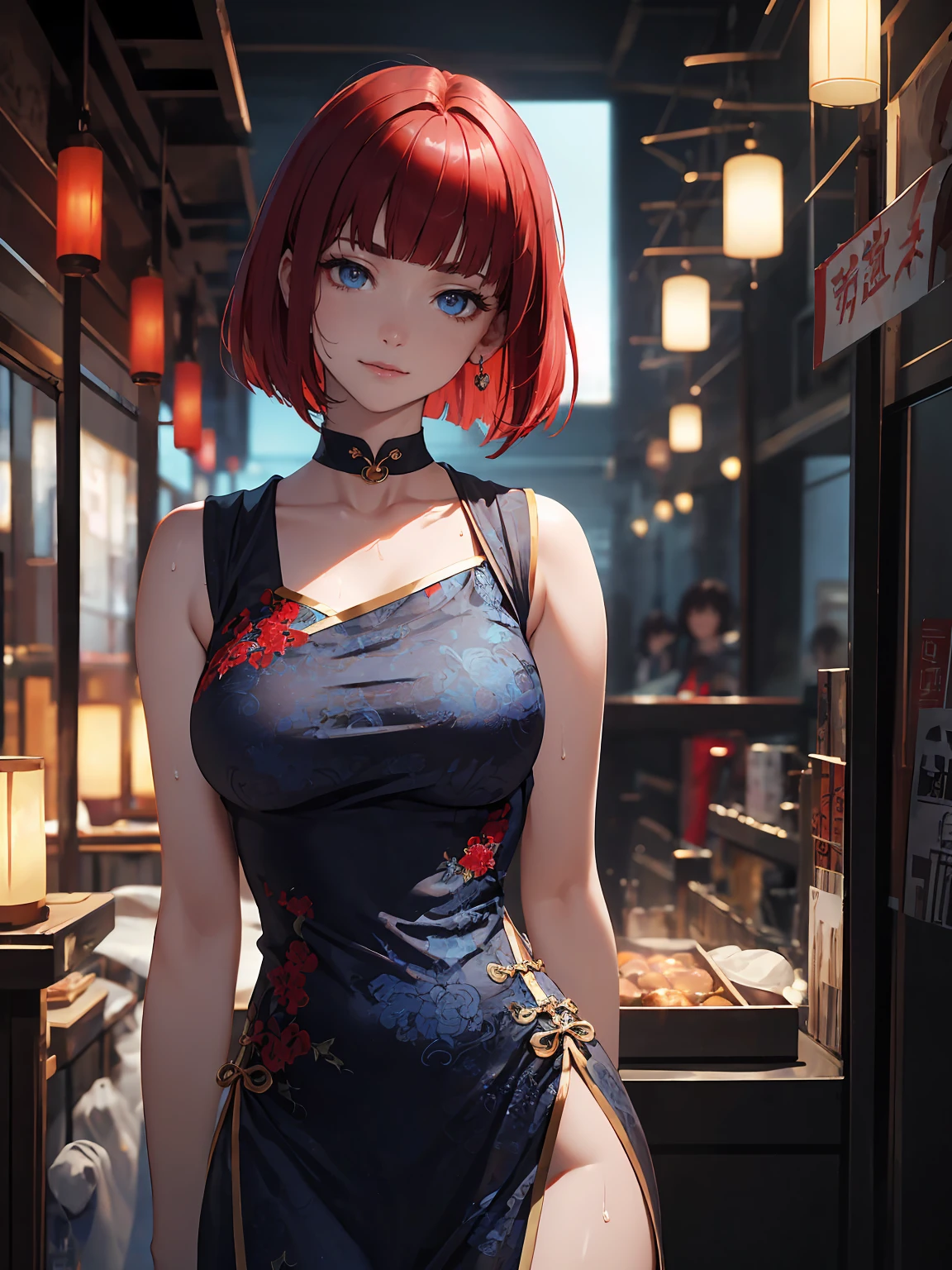 (1 woman:1.5,solo:1.5),
30 years old,
(very young woman:1.2),
(fit body:1.3),
(slender waist),
(slender leg),
perfect fingers,
nice hands,
perfect hands,
femenine hands,
good hands,
blurry background,
depth of field,
beautifully shaped nose,

break,
(shoot from front:1.35),

break,
(blue theme:1.4),

break,
(choker)
see-through,

break,
qipao,
deep slit,
dragon embroidery,
sleeveless,

break,
standing,
(arms behind back:1.3),
head tilt,
(side bent:1.5),
(upperbody:1.1),

break,
(beautiful detail eyes:1.4),
(ivory blue eyes:1.4),
model,

break,
extremely detailed hair,
(short hair:1.3),
(straight hair:1.3),
shiny hair,
(pixie cut),
(crimson hair with light red tips hair:1.4),
(blunt bangs),

break,
(MEDIUM HUGE BREAST:1.1),
(GIGANTIC HUGE HIP:0.6),
saggy breasts:1.2,
pendulous breasts,
realistic breast physics,
(hanging breasts),

break,
(pale skin:1.1),
(gleaming skin:1.3),
(sweat:1.1),
weat:1.3,
oily skin,
shamefull,
(blush,smile:0.8),

break,
(masterpiece),
(best quality),
(very high resolution),
(professional anime),
beautiful lighting,
super fine illustration,
insanely detailed,
beautiful detailed,
beautiful detailed face & eyes,
beautiful detailed body,
beautiful detailed skin,
8K,
beautiful girl,
pretty girl,
(depth of field:1.3),

break,
China,
Beijing,
Restaurant Li Qun Roast Duck,