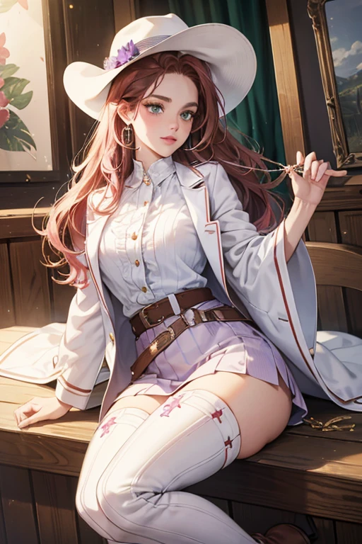 Lonestar has long auburn hair styled into two rope twists, except two curly strands framing her face. She has olive skin, green eyes and pink lips. Her main outfit is inspired by country music, and consists of a white cowgirl hat, white jacket with metallic fringes and buttons, a top with a purple and white checker pattern that it tied at the bottom, a belt with a blue heart-shaped buckle, purple trousers with a white streak on both sides and white high-heeled boots with a silvery tip and blue spurs. She's got silvery spur-shaped earrings. Her nail polish is pink, matching her lips, eye shadow and blush. SPARKLE; GLITTER