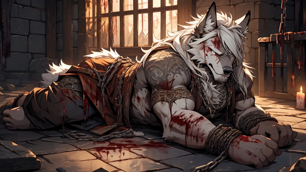 (masterpiece),(highres),(intricate details:1.4),extremely detailed,(illustration:1.2),8k,photorealistic,full body,exquisite,solo,elder male wolf,muscular,general,(damaged body:1.4),(white hair:1.3),long hair,braided hair,beard,scar,naked,captured,imprisoned,dungeon,tortured,chains around body,in great pain,weak,distressed,(tattered clothes:0.8),(Warhammer 40K:0.8),aging,feeble,lying on ground,(blood:1.4),cold hard floor,chains wrapped around limbs,(iron shackles:1.2),(dim lighting:1.2),(damp air:1.2)