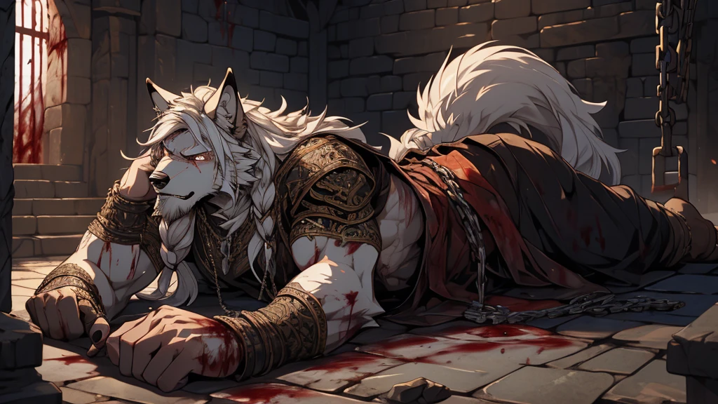 (masterpiece),(highres),(intricate details:1.4),extremely detailed,(illustration:1.2),8k,photorealistic,full body,exquisite,solo,elder male wolf,muscular,general,(damaged body:1.4),(white hair:1.3),long hair,braided hair,beard,scar,naked,captured,imprisoned,dungeon,tortured,chains around body,in great pain,weak,distressed,(tattered clothes:0.8),(Warhammer 40K:0.8),aging,feeble,lying on ground,(blood:1.4),cold hard floor,chains wrapped around limbs,(iron shackles:1.2),(dim lighting:1.2),(damp air:1.2)