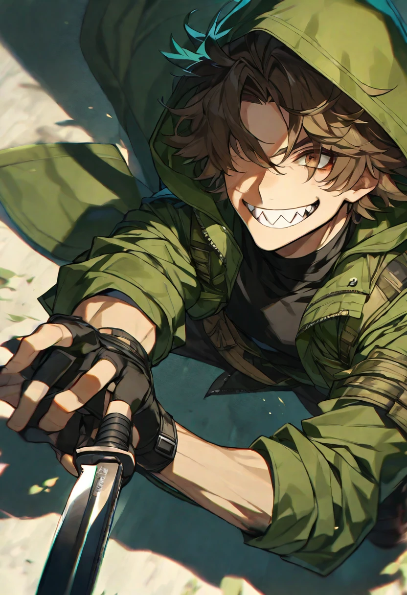 Handsome, solo, 1 male, messy brown hair, green hood, brown eyes, shadow over his eyes, black shirt, sharp teeth, green jacket, black fingerless gloves, smile facial, combat knife