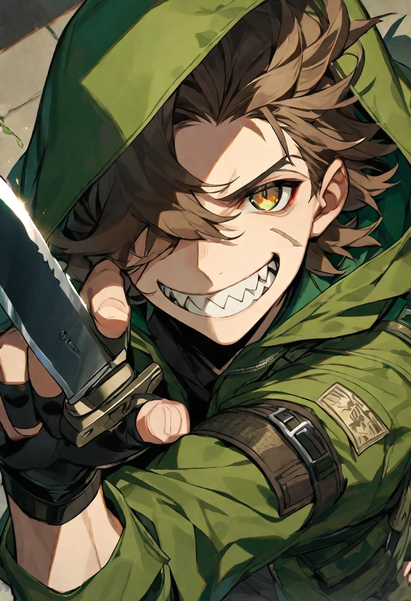 Handsome, solo, 1 male, messy brown hair, green hood, brown eyes, shadow over his eyes, black shirt, sharp teeth, green jacket, black fingerless gloves, smile facial, combat knife