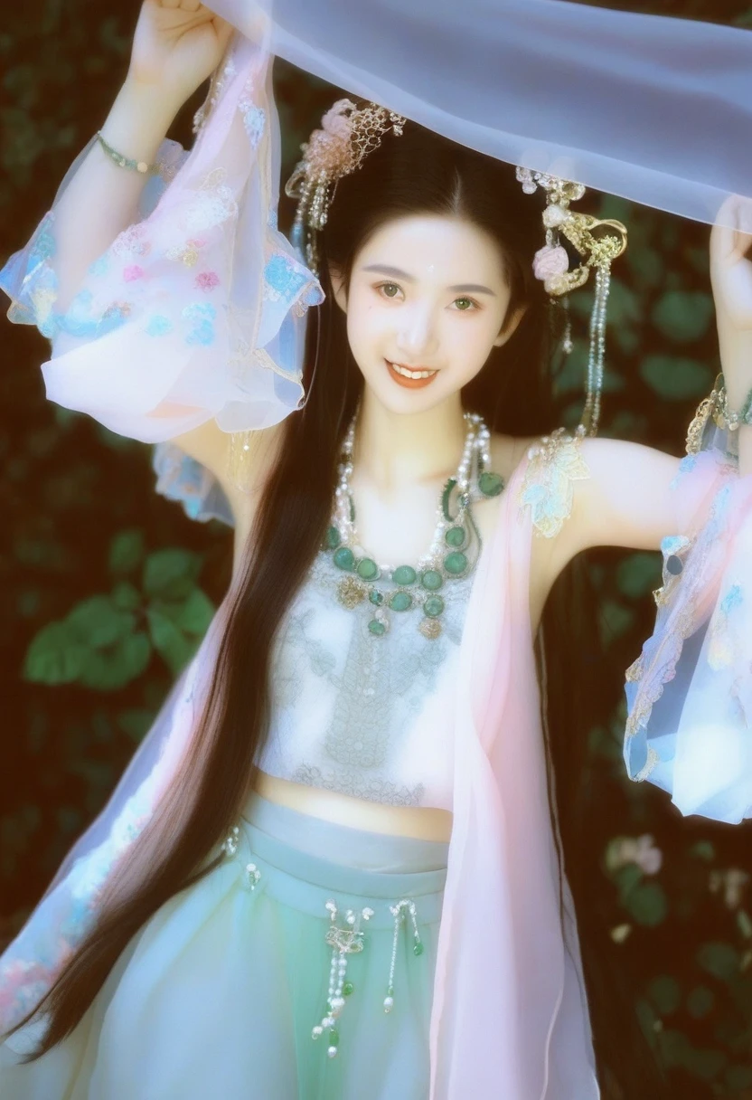 photography,Inspired by Song Huizong,4K
polaroid,high details,full_shot,a 17 yo girl,photo by Ren hang,solo,looking at viewer,smiling,hanfu,lace,multi -layer transparent and embroidered silk fabric,elegant,rich colors,expressive eyes,jade accessories,soft lighting,silk texture,pearl jewelry,rose petals,long_hair,hime cut,wavy hair, dynamic perspective